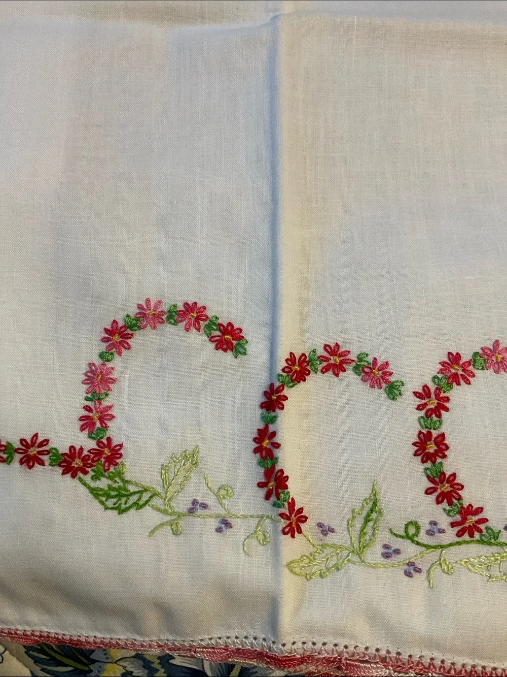 Vintage White Embroidered Pillowcases with Pink Floral Trim